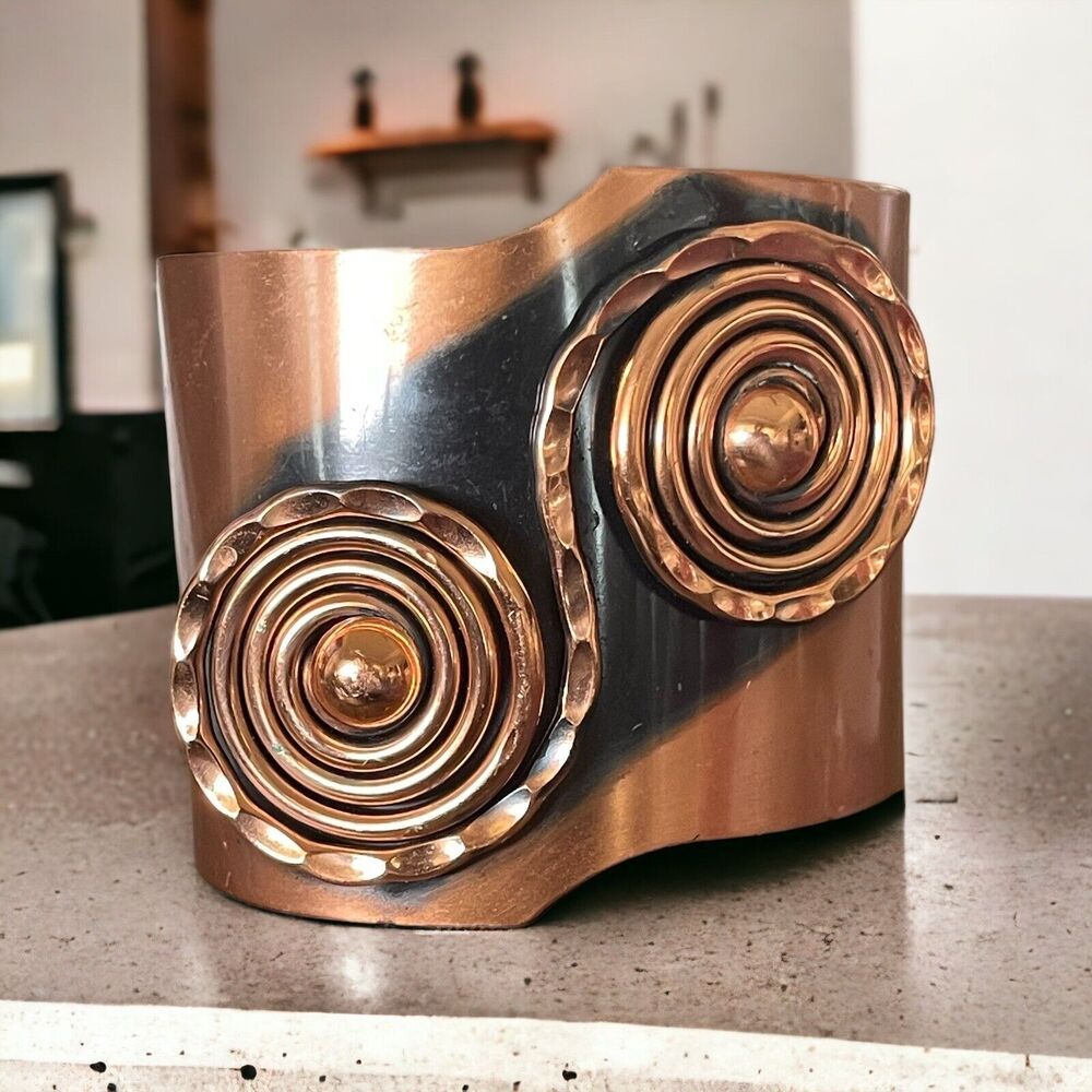 VTG Signed Renoir Copper Cuff Bracelet MCM Modernist Double Spiral Scroll 1950s